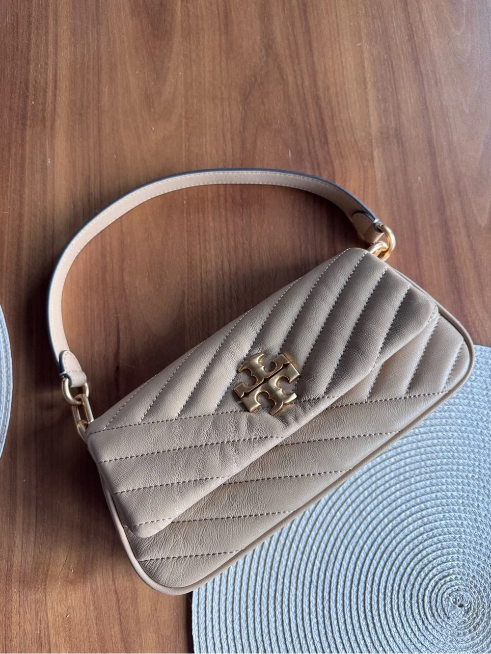 Tory Burch Beige Quilted Leather Shoulder Bag with Gold Logo